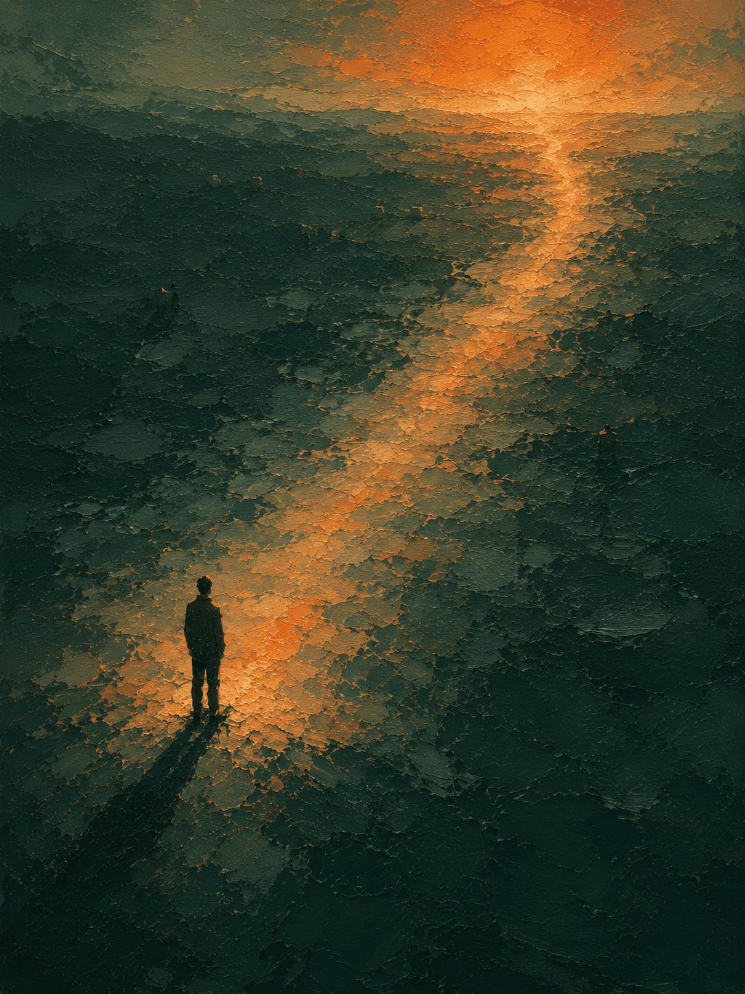 A lone figure facing a lit path forward through dark terrain